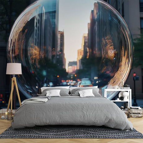 Modern city sphere wallpaper creating depth in a minimalist living room, golden sunset tones complementing neutral furniture