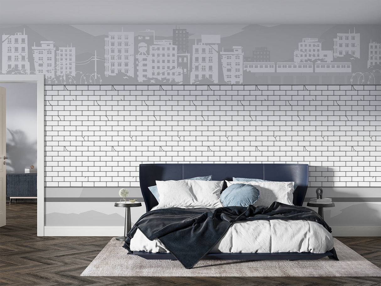 Modern white brick wallpaper with city skyline in a bright contemporary living room setting