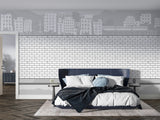 Modern white brick wallpaper with city skyline in a bright contemporary living room setting