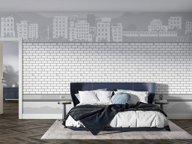 Modern white brick wallpaper with city skyline in a bright contemporary living room setting