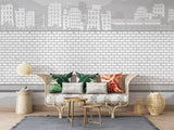 Urban brick wall mural creating an industrial feel in a stylish home office