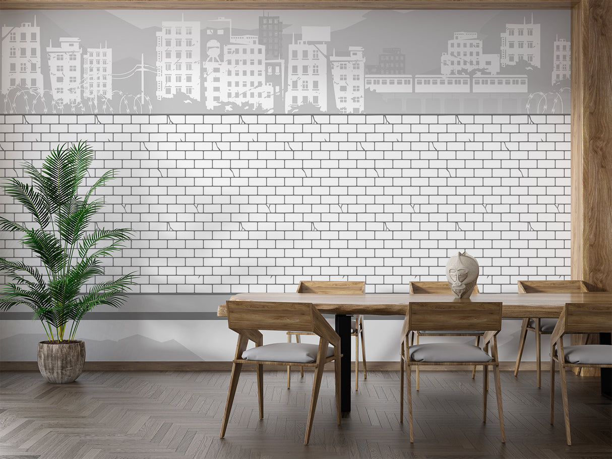 White brick and skyline mural wallpaper in a modern dining room space