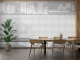White brick and skyline mural wallpaper in a modern dining room space