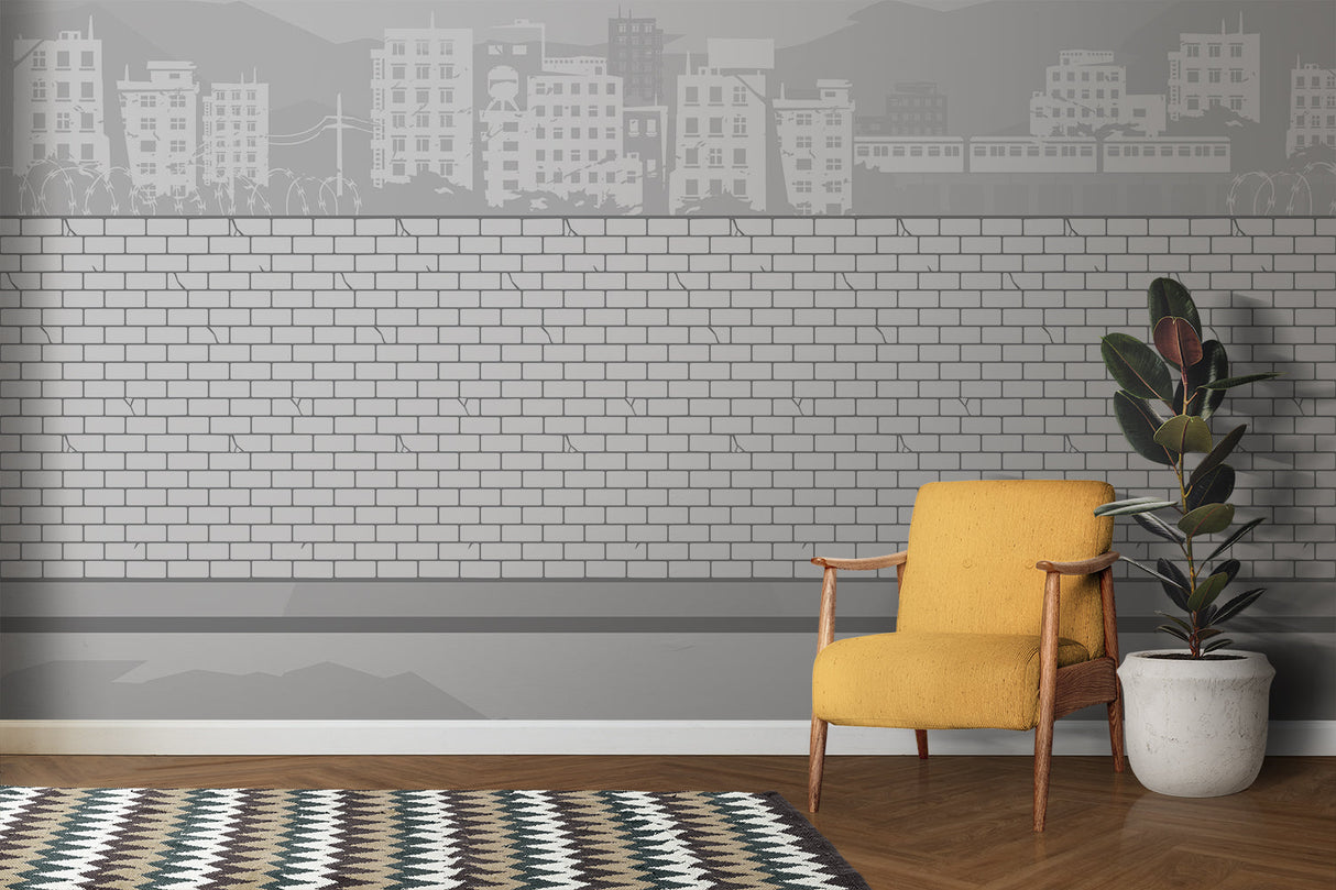 City skyline wall mural enhancing a minimalist bedroom design