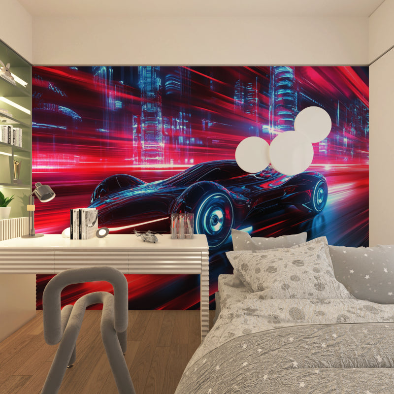 Racing mural wallpaper bringing speed vibes to a modern gaming room setup with neon accents