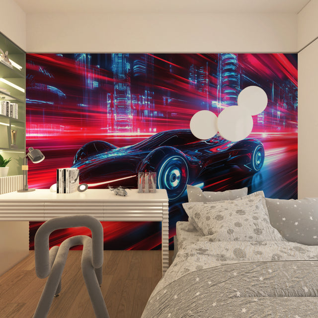 Racing mural wallpaper bringing speed vibes to a modern gaming room setup with neon accents