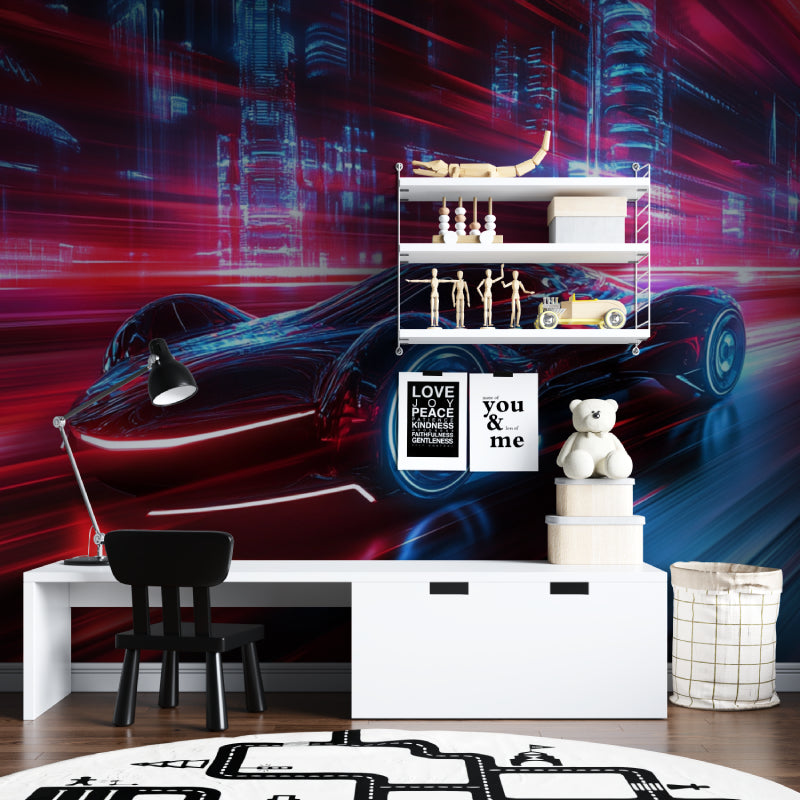 Night racing wallpaper creating atmosphere in a teen bedroom with LED lighting