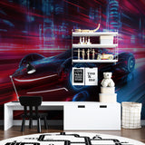 Night racing wallpaper creating atmosphere in a teen bedroom with LED lighting