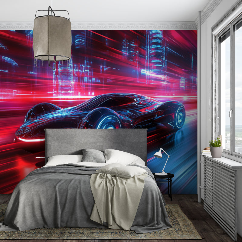 Sports car wallpaper transforming a home office with dramatic night city views