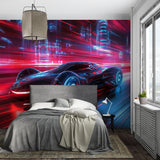 Sports car wallpaper transforming a home office with dramatic night city views