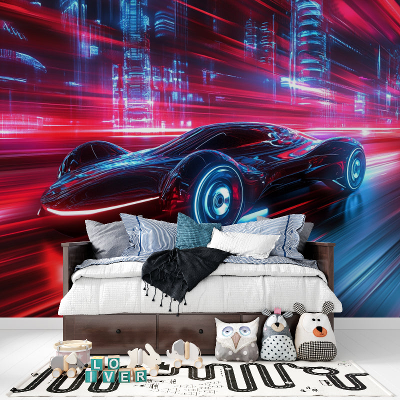 Racing car mural adding excitement to a modern living room entertainment area
