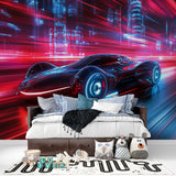 Racing car mural adding excitement to a modern living room entertainment area
