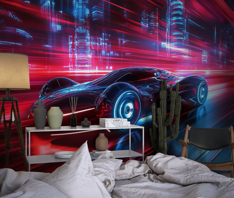 Urban racing scene enhancing a basement gaming setup with neon glow effects