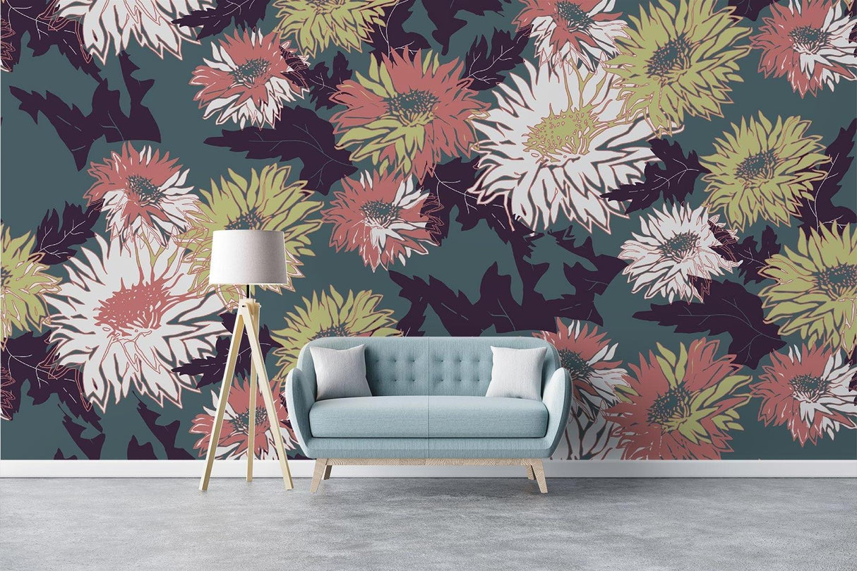 Floral Mural Wallpaper | Vintage Botanical Pattern in Terracotta and Green