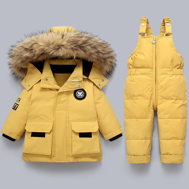 Kids Winter Snow Set  Insulated Jacket with Fur Hood  Overalls - Detailed view