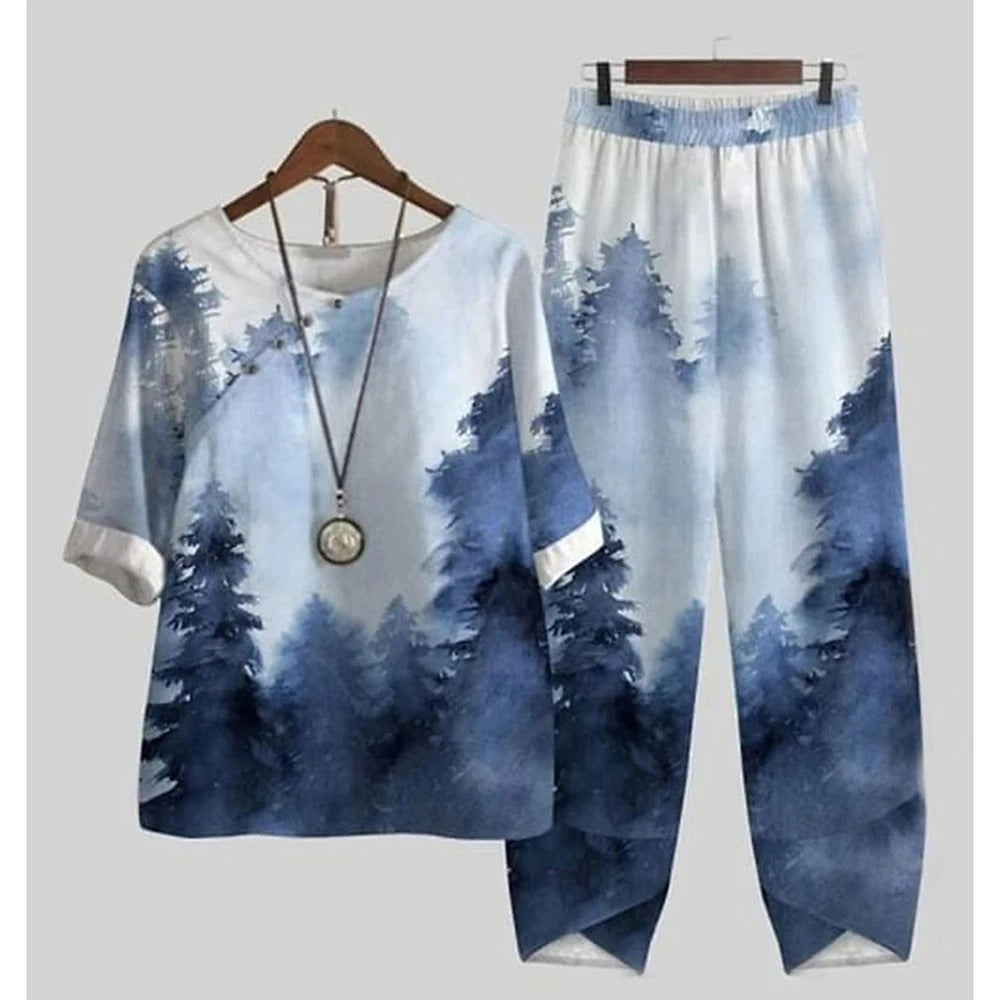 Forest Print Loungewear Set  Black and White Two-Piece Cotton Set - Product detail 6