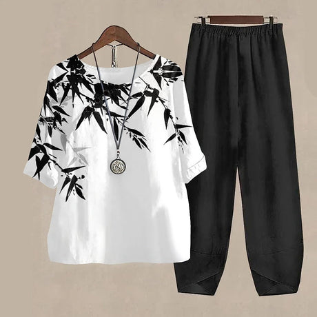Forest Print Loungewear Set  Black and White Two-Piece Cotton Set - Product example