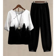 Forest Print Loungewear Set  Black and White Two-Piece Cotton Set - Product showcase