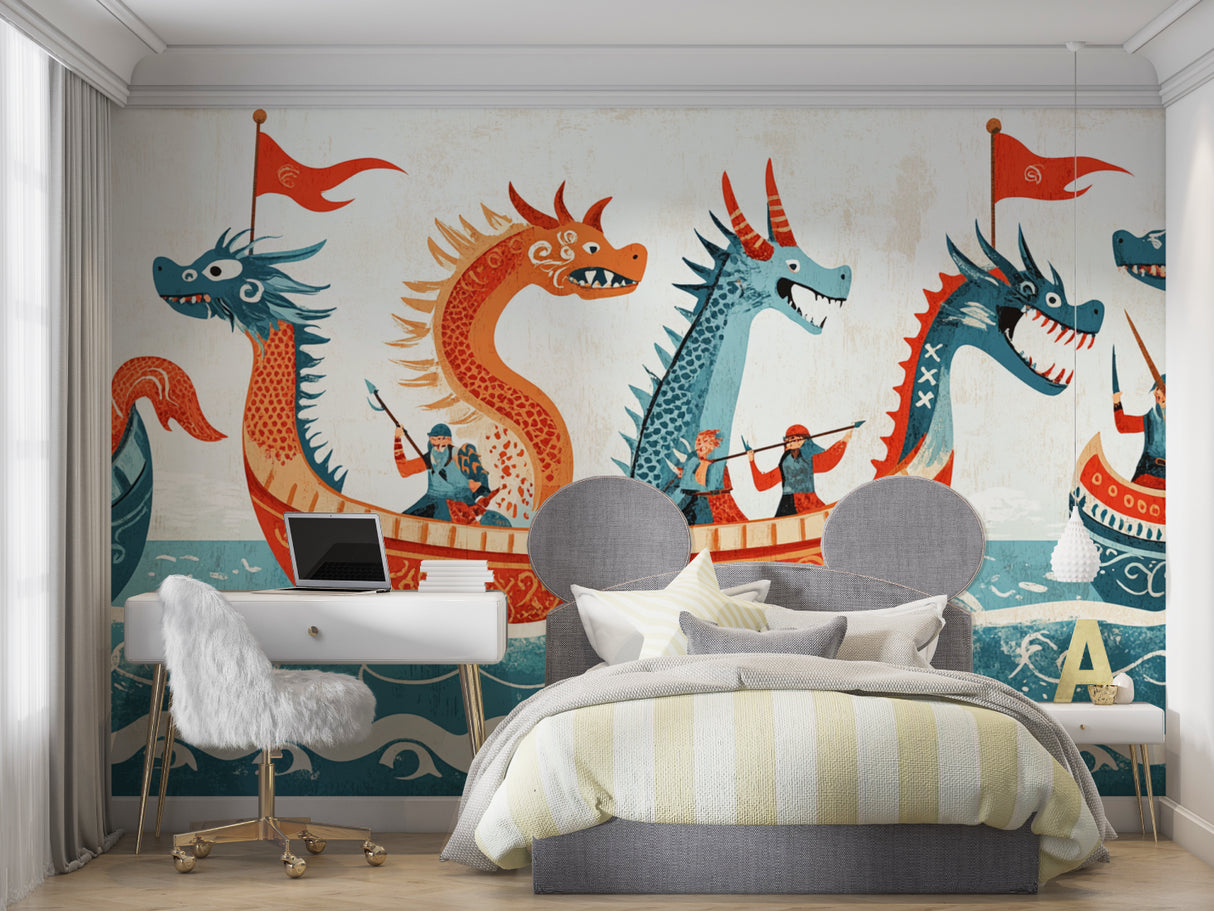 Dragon ship mural creating depth in a Scandinavian-style children's bedroom