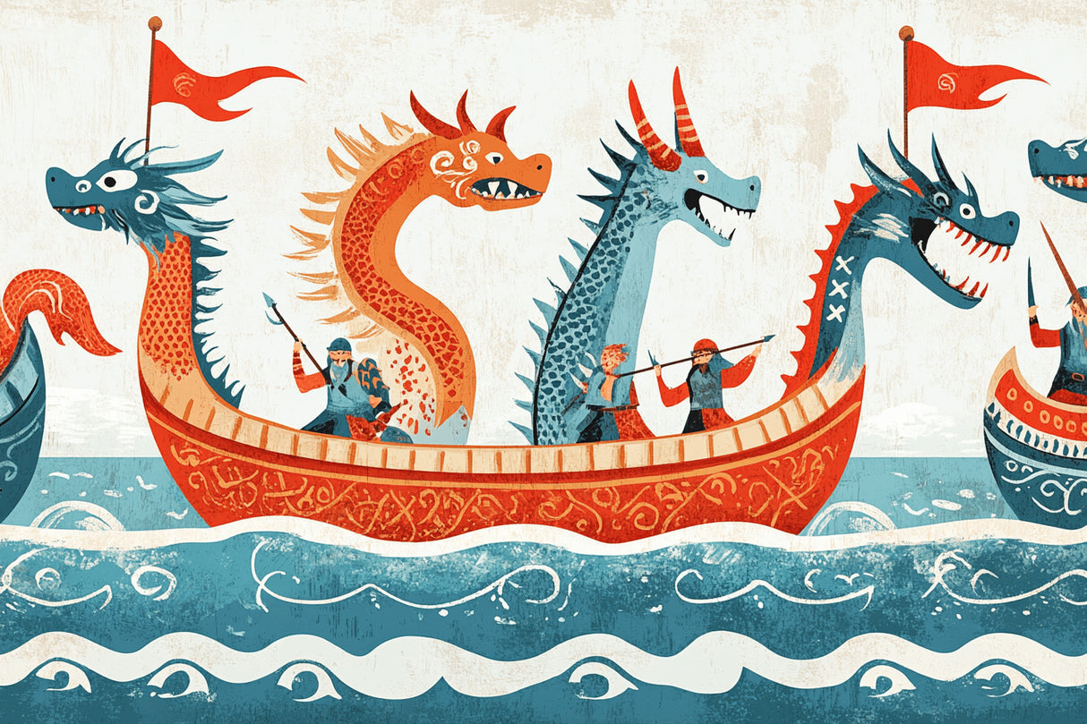 Design file showing intricate details of dragons and viking ship pattern on cream background