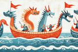 Design file showing intricate details of dragons and viking ship pattern on cream background