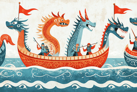 Design file showing intricate details of dragons and viking ship pattern on cream background