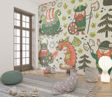 Viking wallpaper mural displayed in a bright kids playroom, showing playful dragons and warriors in action