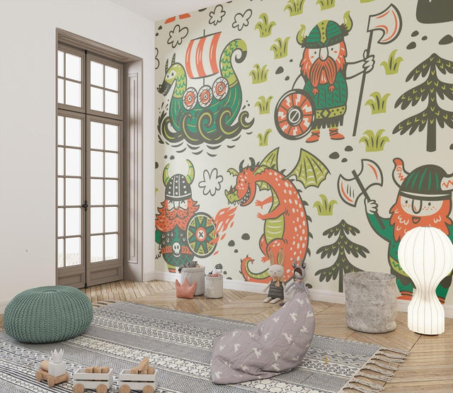 Viking wallpaper mural displayed in a bright kids playroom, showing playful dragons and warriors in action