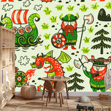 Viking themed wallpaper creating a fun atmosphere in a family game room