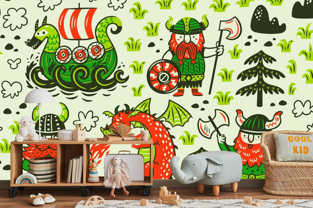 Nordic warriors wallpaper installation showcasing vibrant colors in a child's study area