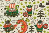 Design file showing detailed pattern of Viking warriors and dragons on cream background