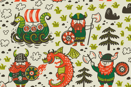 Design file showing detailed pattern of Viking warriors and dragons on cream background