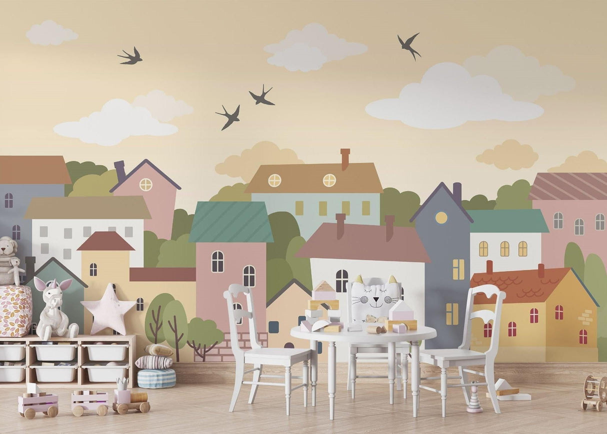 Sweet village scene wallpaper installed in a cozy bedroom setting