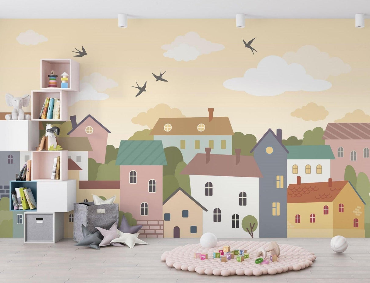 Whimsical house mural wallpaper bringing charm to a baby's room