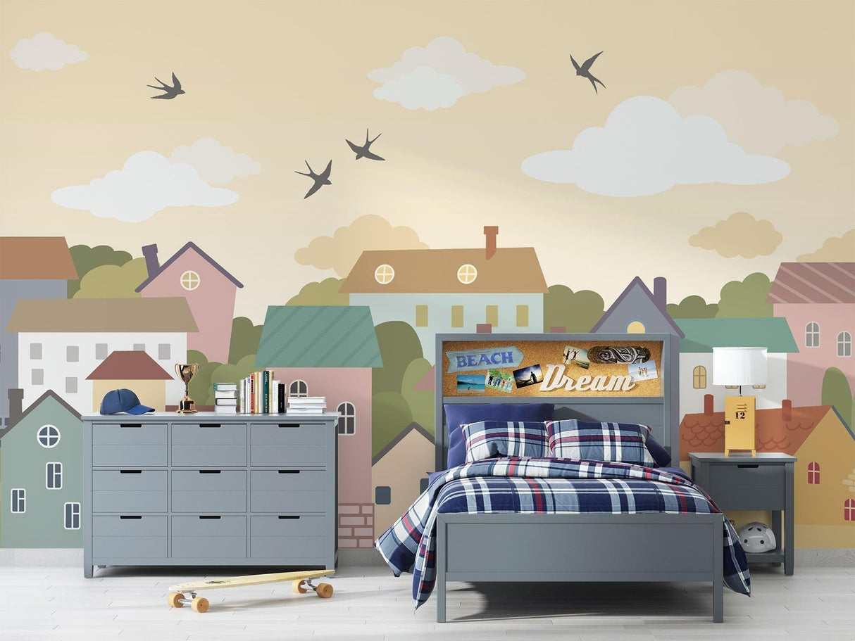 Pastel town wallpaper transforming a modern family room