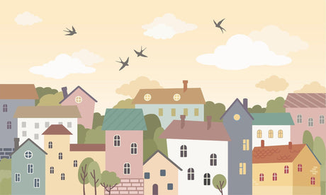 Village houses with birds design file showing full pattern and soft pastel colors