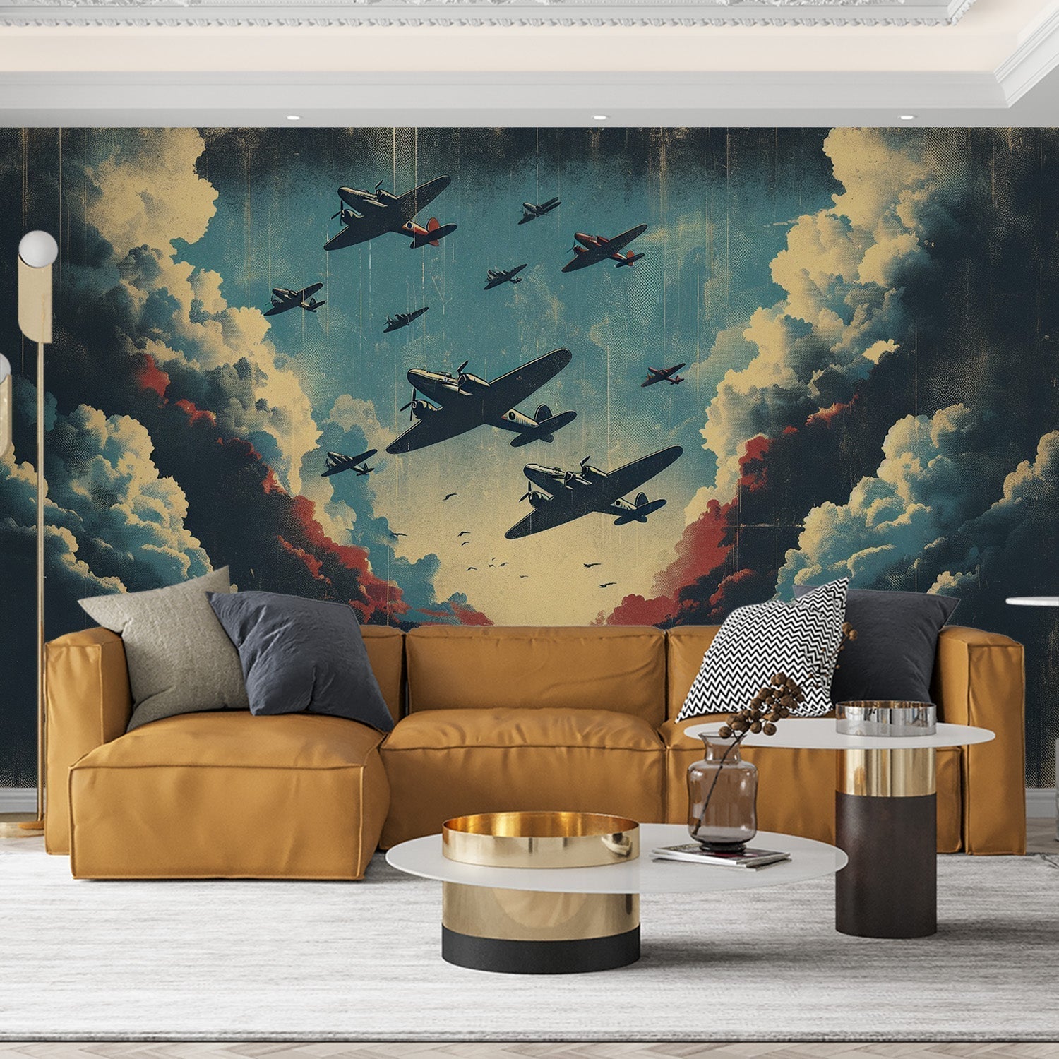 Vintage airplane mural wallpaper creating drama in a modern home office, with golden light streaming through windows