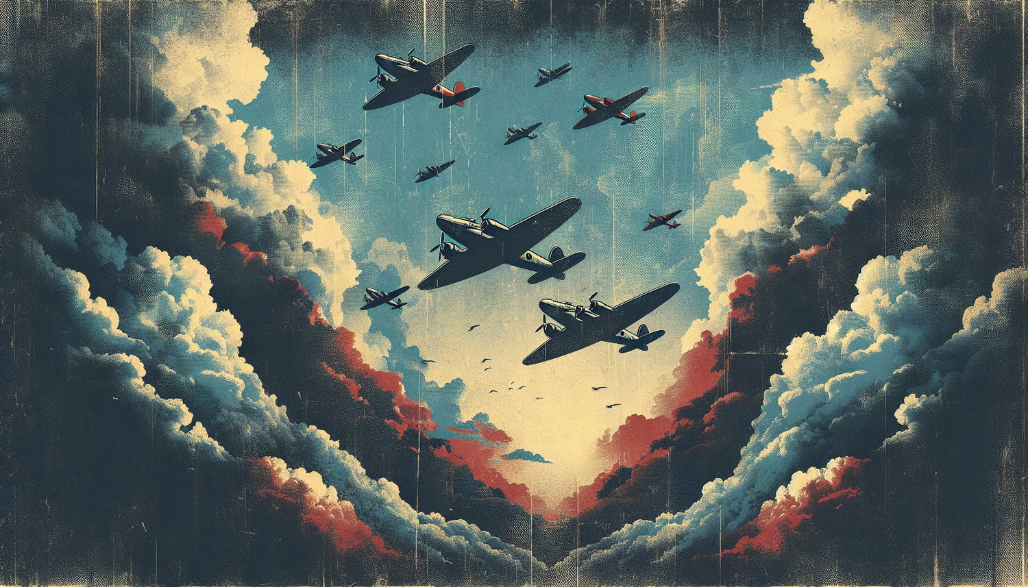 Aviation wallpaper design file showing detailed vintage aircraft formation against dramatic sunset sky