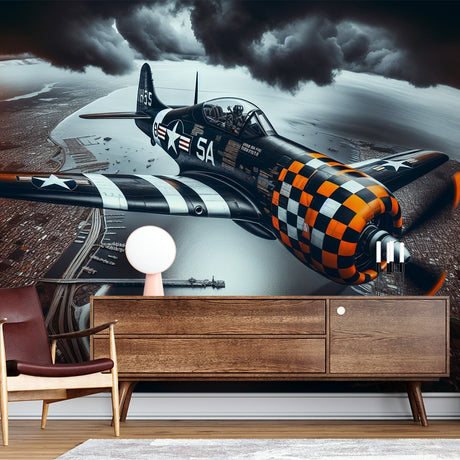 Vintage airplane wallpaper bringing adventure to a modern kids bedroom, with dramatic military aircraft soaring through clouds
