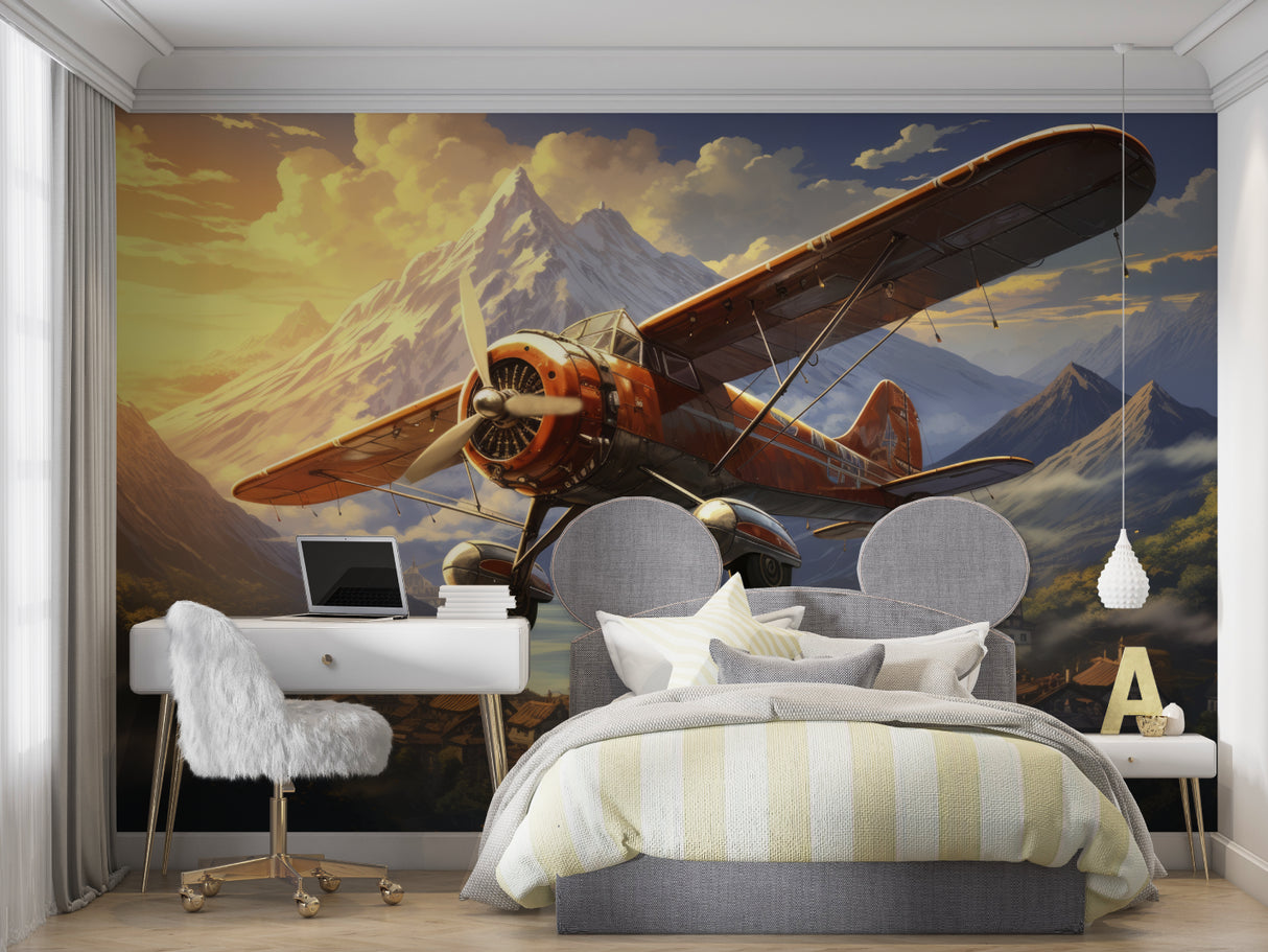 Vintage airplane wallpaper creating a cozy atmosphere in a modern living room with mountain vista views