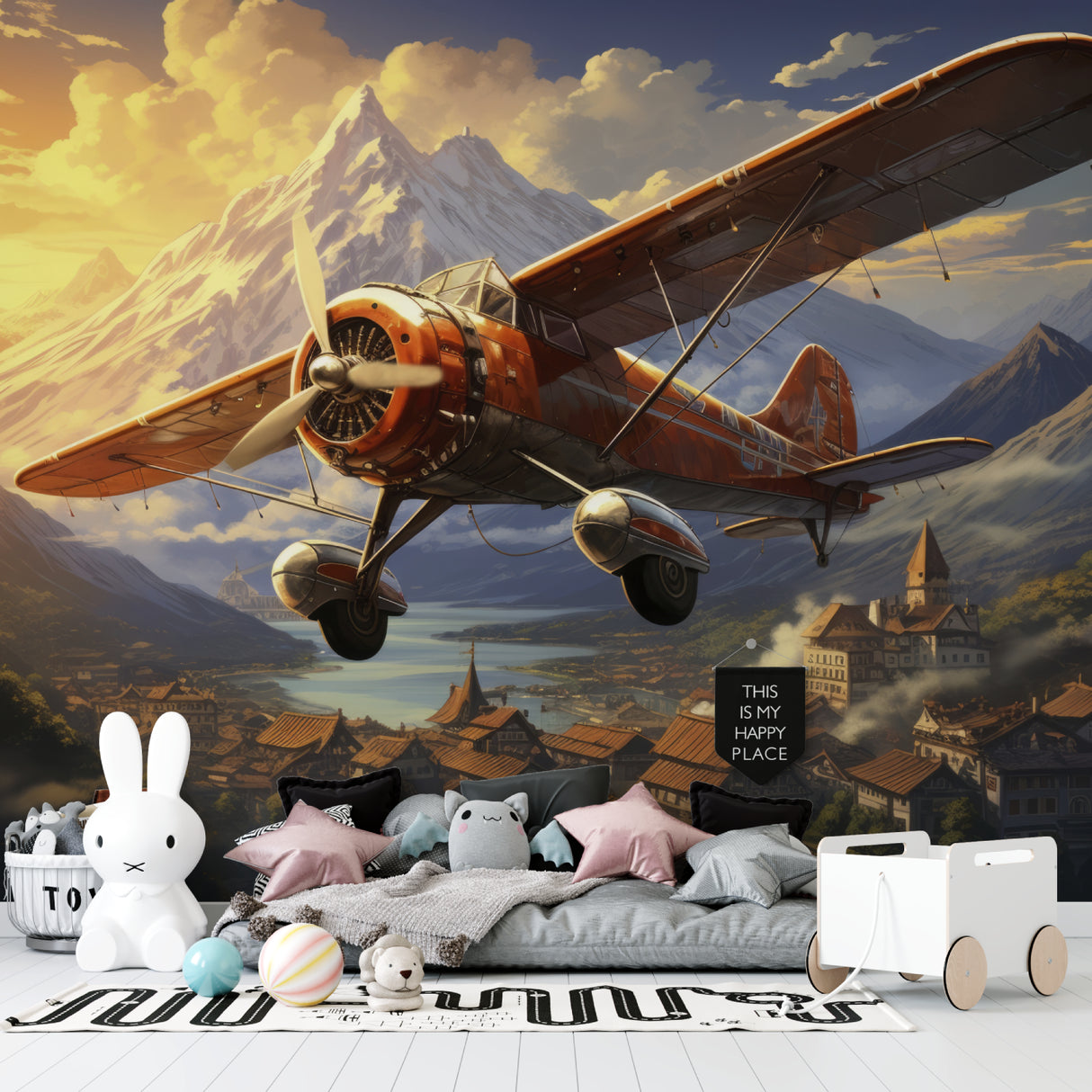 Adventure airplane mural bringing character to a kid's bedroom with warm sunset tones