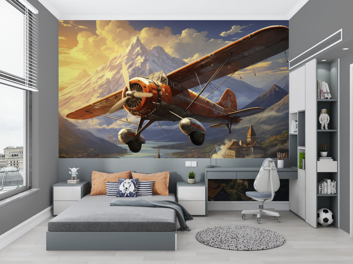 Mountain adventure wallpaper featuring vintage aircraft in a stylish home office setting
