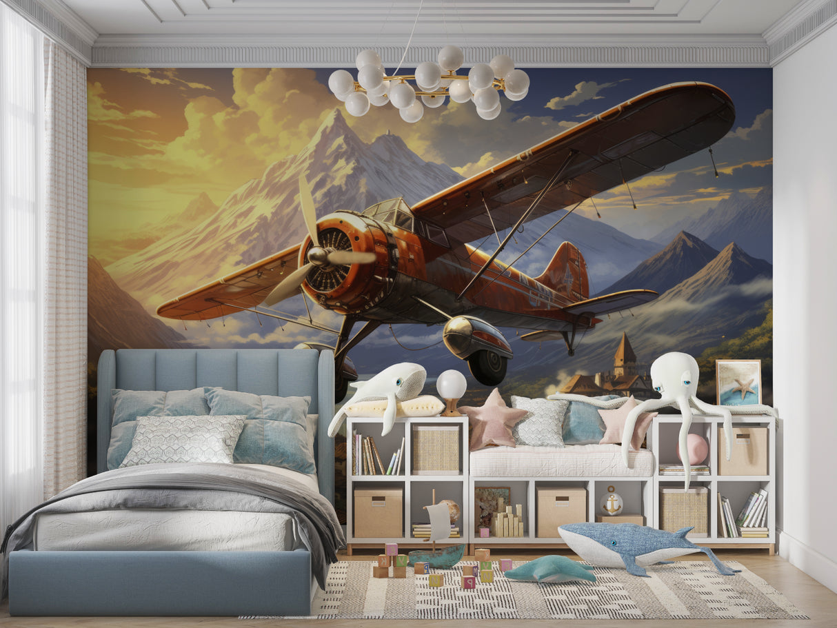 Aviation themed wall mural displaying beautifully in a rustic mountain cabin bedroom