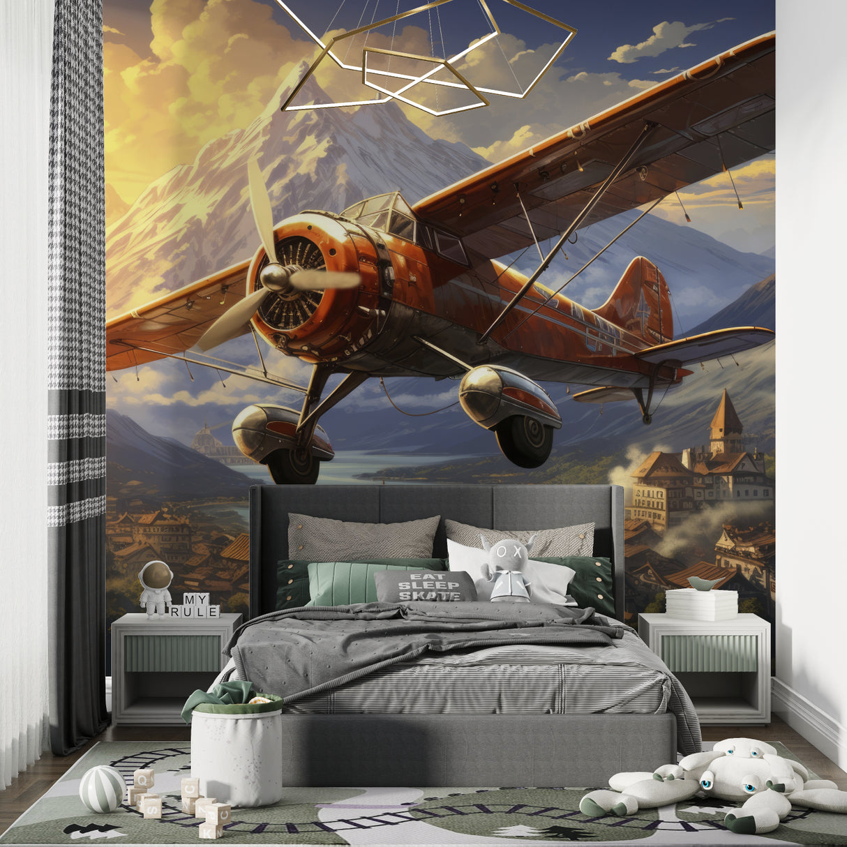 Airplane wallpaper transforming a playroom into an adventure zone with golden mountain scenery
