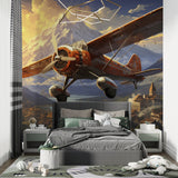 Airplane wallpaper transforming a playroom into an adventure zone with golden mountain scenery