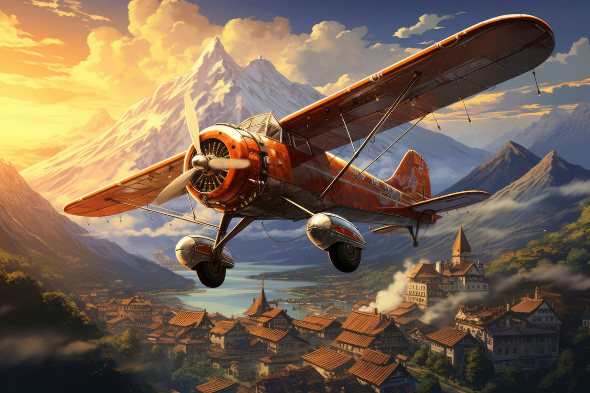 Vintage airplane and mountain design file showing intricate details and rich sunset colors