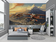 Vintage airplane wallpaper in modern kids bedroom showing classic biplane design against mountain backdrop