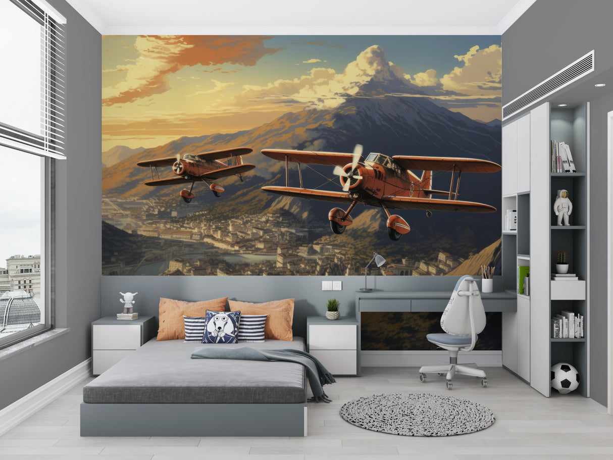 Vintage airplane wallpaper in modern kids bedroom showing classic biplane design against mountain backdrop