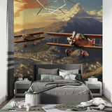 Home office featuring vintage airplane wallpaper with golden hour mountain scene
