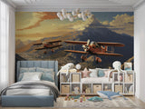 Playroom decorated with airplane mountain mural showing scale and impact